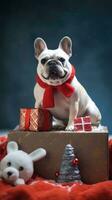 AI generated Cute dog puppy with christmas gift boxes concept photo poster merry present red new year