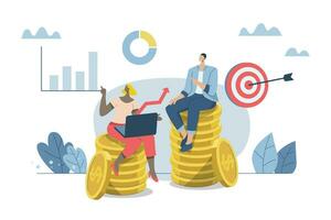 Management team with vision, have all round abilities and are successful in their careers, Achieve the goal, Businessman and woman sitting on a big pile of gold coins or money. Vector illustration.