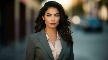 AI generated beautiful and confident latina woman entrepreneur wearing elegant business suit photo