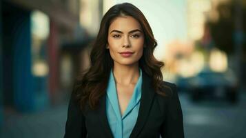 AI generated beautiful and confident latina woman entrepreneur wearing elegant business suit photo
