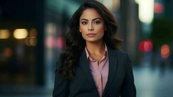 AI generated beautiful and confident latina woman entrepreneur wearing elegant business suit photo