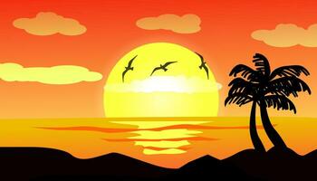 Dark palm trees silhouettes on colorful tropical ocean sunset background. vector