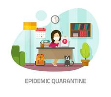 Quarantine epidemic risk concept or home isolation where person in medical face mask working distance or learning from home room on workplace table desk front view vector flat cartoon image