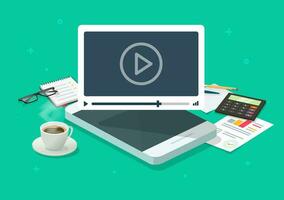 Online video webinar on mobile phone on working desk table or conference smartphone call concept vector flat cartoon, isometric cellphone watching video player, movie idea or learning image