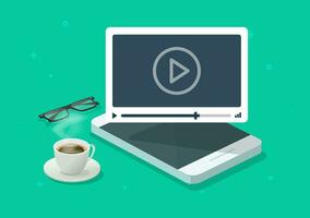 Online video webinar watching on mobile phone working desk or smartphone web courses or tutorial vector flat cartoon illustration, movie or film playing concept isometric modern design