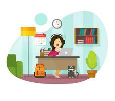 Working from home freelancer person sitting on table desk or girl character distance remote learning and studying online on laptop computer workplace in house room vector flat illustration