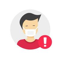 Medical face mask caution or warning notification on man person vector icon flat cartoon illustration, male character wore protected with medicine surgery mask isolated sign modern design image