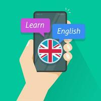 Learn english via mobile phone app or study foreign language on smartphone online vector flat cartoon image, digital education courses or cellphone application studying english internet lesson