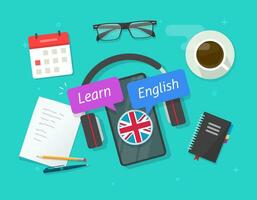 aprender Inglés en línea en móvil teléfono o estudiar exterior idioma en teléfono inteligente lección en escritorio mesa vector plano dibujos animados imagen, educación cursos clase estudiando Inglés vía auriculares lugar de trabajo