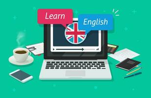 estudiar Inglés en línea en ordenador portátil computadora o educación de exterior idioma lección en ordenador personal en escritorio mesa vector plano dibujos animados ilustración, Internet aprendizaje cursos clase estudiando Inglés lugar de trabajo imagen