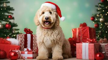 AI generated Cute dog puppy retriever with christmas gift boxes concept photo poster merry present red new year