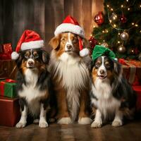 AI generated Cute dog puppy retriever with christmas gift boxes concept photo poster merry present red new year