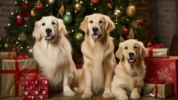 AI generated Cute dog puppy retriever with christmas gift boxes concept photo poster merry present red new year