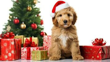 ai generado linda perro perrito perdiguero con Navidad regalo cajas concepto foto póster alegre presente rojo nuevo año
