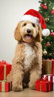 AI generated Cute dog puppy retriever with christmas gift boxes concept photo poster merry present red new year