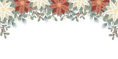 Christmas background with red and white Poinsettia leaves, fir and mistletoes border and copy space for text. Floral winter decoration vector