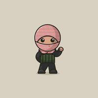 Cute palestinian fighter wearing turban mask cartoon vector illustration freedom palestine concept icon isolated