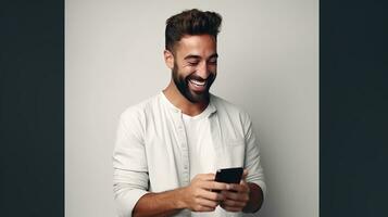 AI generated Happy Man Using a Phone Isolated on the Minimalist Background photo