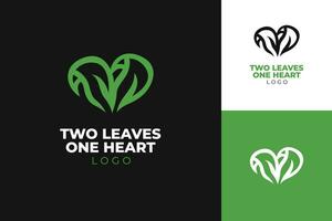 logo of green two leaf combine with heart for food and beverage logo design, icon and symbol simple modern style vector