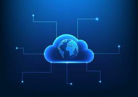 cloud technology Inside is a globe ready to connect to a circuit. It shows data storage and transfer from anywhere around the world in real time, technology vector illustration.