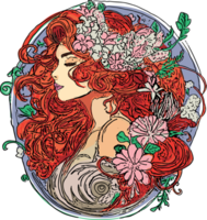 mano disegnato illustrazione di un' donna con lungo rosso capelli, fiore corona, ovale composizione png