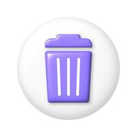 Purple trash can icon on white round buttons. 3D vector illustration.