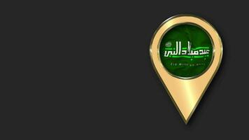 Mawlid an Nabi Ash Sharif, Eid Milad un Nabi PBUH Gold Location Icon Flag Seamless Looped Waving, Space on Left Side for Design or Information, 3D Rendering video