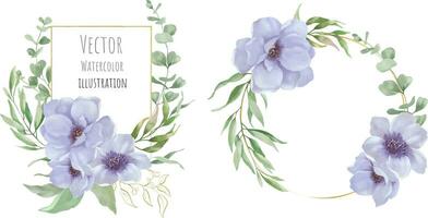 Watercolor set of floral frames with flowers, eucalypt, golden branches. Hand drawn illustration isolated on transparent background. Vector EPS.