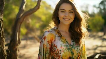 ai generado hermosa confidente mujer con sonrisa en su cara vistiendo casual Moda midi vestir foto