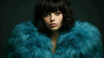 AI generated Beautiful Woman with bangs hairstyle and wearing fashion fur coat photo