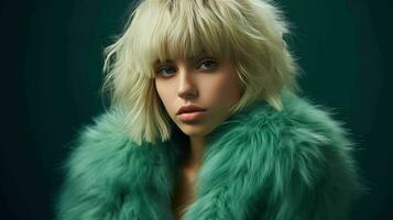 AI generated Beautiful Woman with bangs hairstyle and wearing fashion fur coat photo