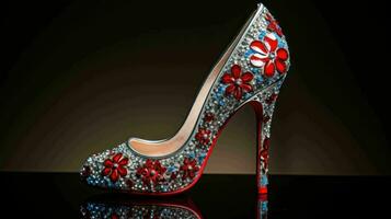 ai generado un alto bien portado zapato con rojo, blanco y azul flores foto