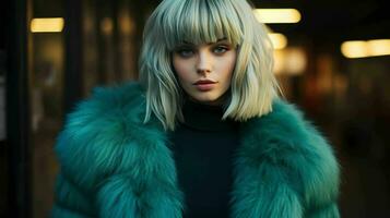 AI generated Beautiful Woman with bangs hairstyle and wearing fashion fur coat photo