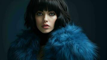 AI generated Beautiful Woman with bangs hairstyle and wearing fashion fur coat photo