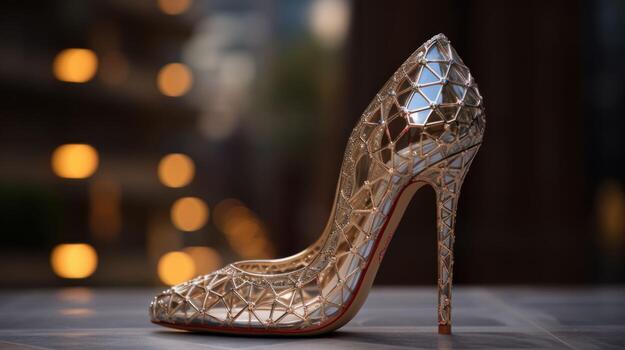 ai generado un oro alto tacón zapato con un serpiente piel modelo foto