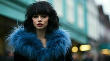 AI generated Beautiful Woman with bangs hairstyle and wearing fashion fur coat photo
