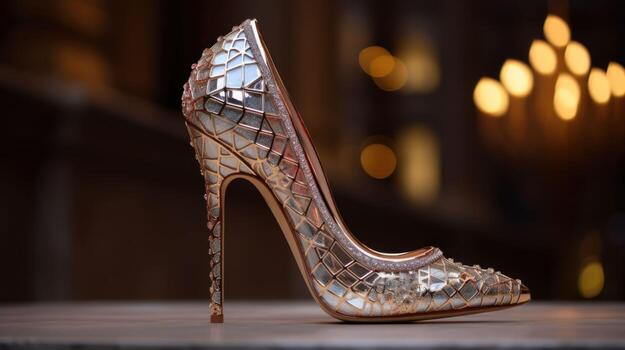 ai generado un oro alto tacón zapato con un serpiente piel modelo foto