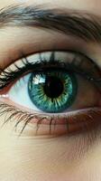 ai generado un cerca arriba de un mujer ojo con un brillante hermosa iris foto