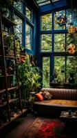 ai generado un vivo habitación con un azul sofá y vistoso ventanas foto