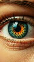 ai generado un cerca arriba de un mujer ojo con un brillante hermosa iris foto