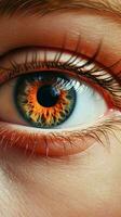 ai generado un cerca arriba de un mujer ojo con un brillante hermosa iris foto