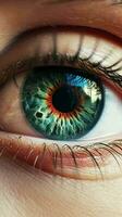 ai generado un cerca arriba de un mujer ojo con un brillante hermosa iris foto