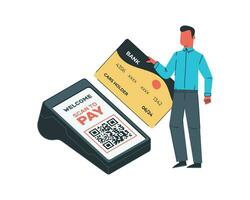 Man with QR code and POS terminal and credit card. Vector illustration in flat style for contactless payment concept