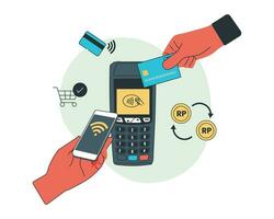 Payment terminal with credit card and mobile phone. Vector illustration for contactless payment concept