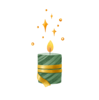 Green candle with golden ribbon illustration.  Candle light decoration isolated png