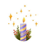 Purple holiday candle with New Year's twigs and berries. Cute festive card for Christmas. Isolated design png
