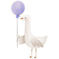 Cartoon goose with a festive purple ball. Funny animals. Birthday illustration. Children's holidays design. Isolated illustration for children png