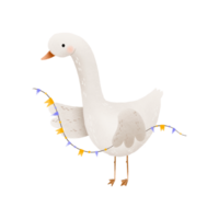 Cheerful cartoon goose with festive colored garlands. Illustration for birthday and new year. Isolated illustration for children png