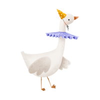 Cartoon goose with a clown collar and a party cap on his head. Funny animals. Birthday illustration. Children's holidays design. Isolated illustration for children png