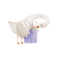 Cartoon goose unpacking a holiday gift. Illustration for birthday and new year. Isolated illustration. New Year's decoration. Gifts and surprises. Merry Christmas and Happy New Year png